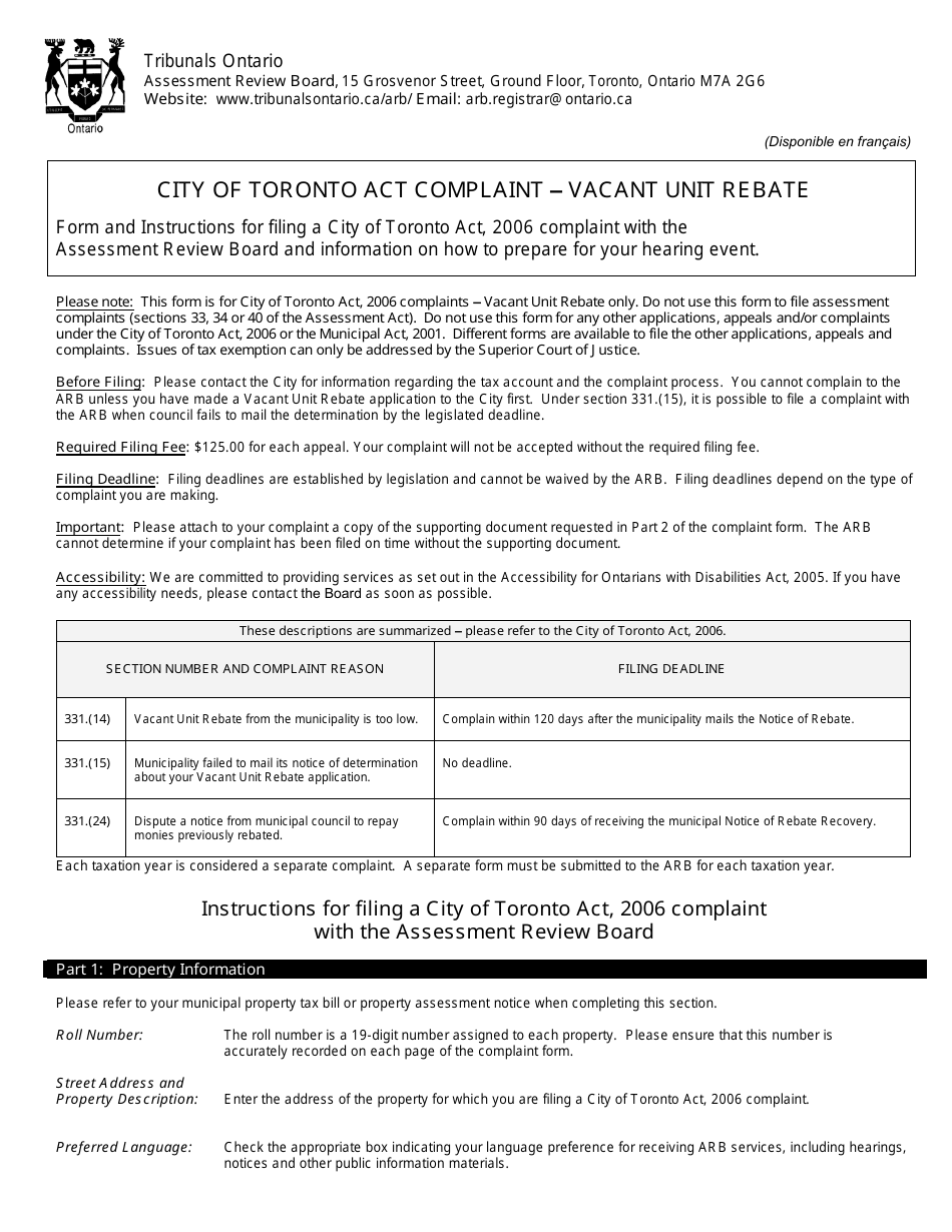 City of Toronto Act Complaint - Vacant Unit Rebate - Ontario, Canada, Page 1