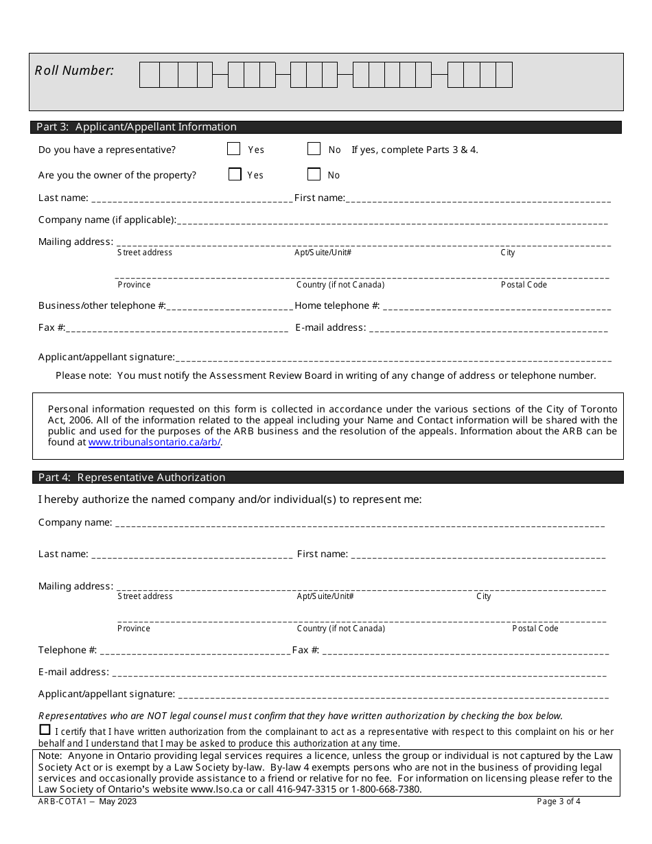Form ARB-COTA1 City of Toronto Act Application / Appeal - Apportionment - Ontario, Canada, Page 6