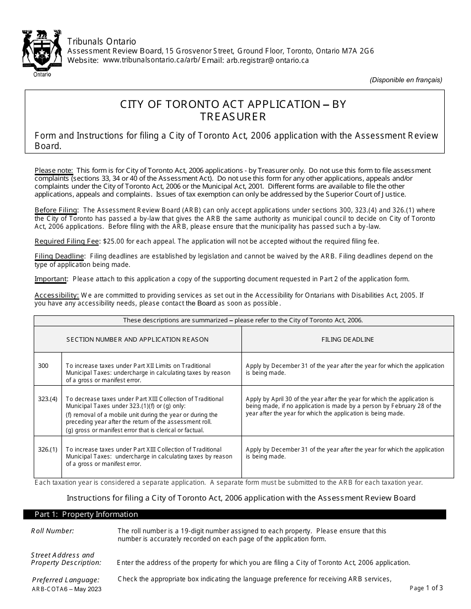 Form ARB-COTA6 City of Toronto Act Application - by Treasurer - Ontario, Canada, Page 1
