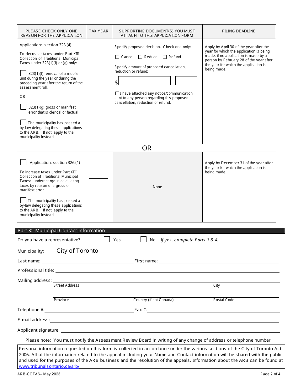 Form ARB-COTA6 City of Toronto Act Application - by Treasurer - Ontario, Canada, Page 5