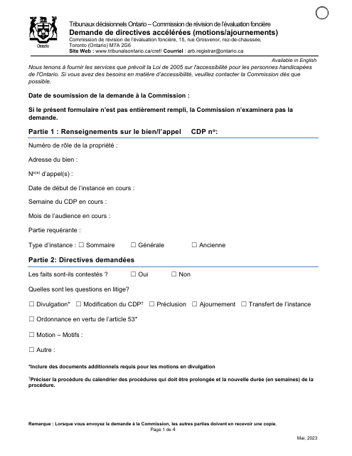 Demande De Directives Accelerees (Motions / Ajournements) - Ontario, Canada (French) Download Pdf