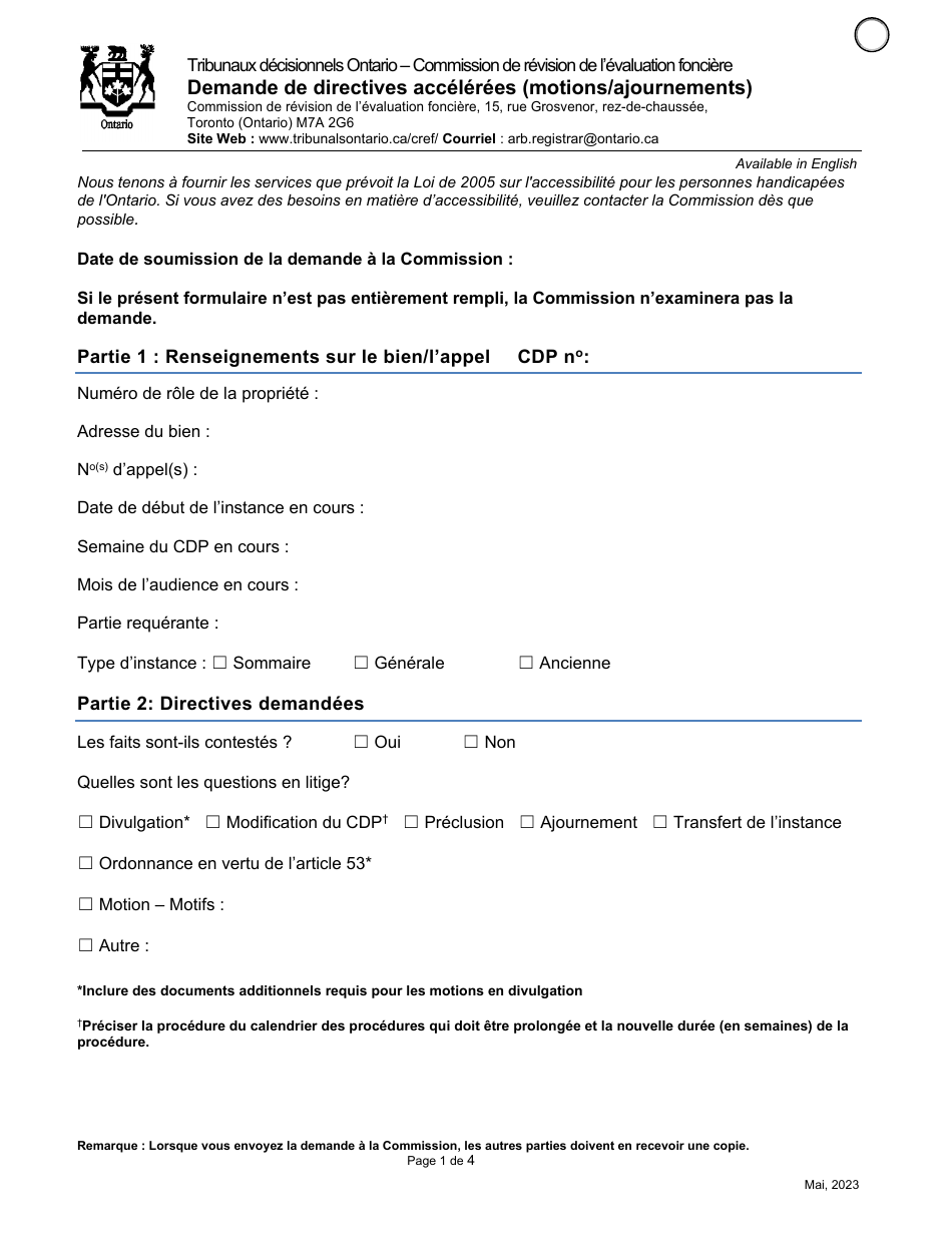Demande De Directives Accelerees (Motions / Ajournements) - Ontario, Canada (French), Page 1