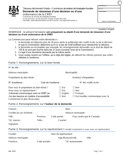 Demande De Reexamen D'une Decision Ou D'une Ordonnance De La Cref - Ontario, Canada (French) Download Pdf