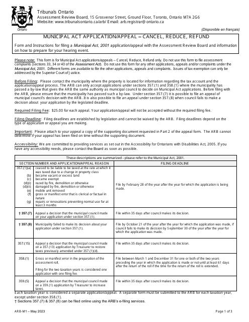 Form ARB-M1 Municipal Act Application/Appeal - Cancel, Reduce, Refund - Ontario, Canada