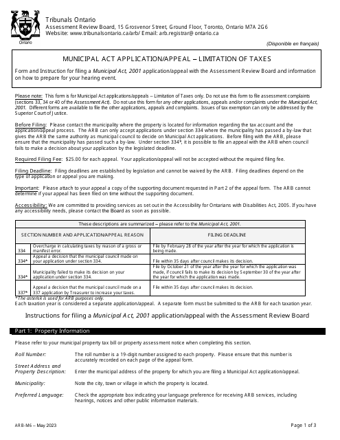 Form ARB-M6 Municipal Act Application/Appeal - Limitation of Taxes - Ontario, Canada