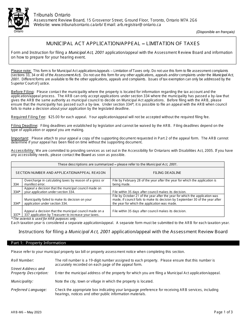 Form ARB-M6 Municipal Act Application / Appeal - Limitation of Taxes - Ontario, Canada, Page 1