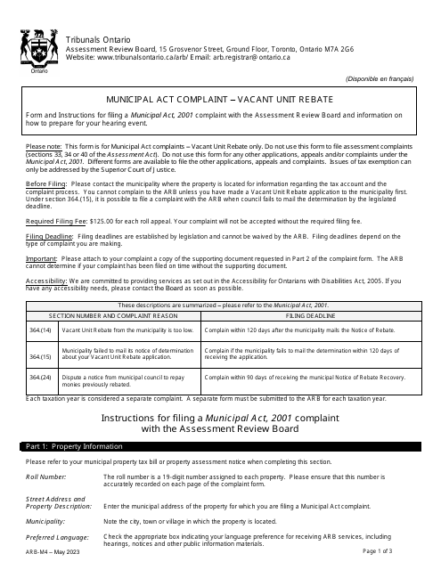 Form ARB-M4 Municipal Act Complaint - Vacant Unit Rebate - Ontario, Canada