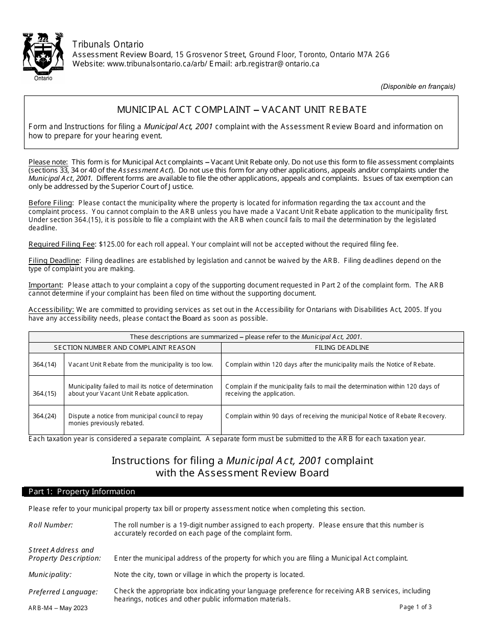 Form ARB-M4 Municipal Act Complaint - Vacant Unit Rebate - Ontario, Canada, Page 1