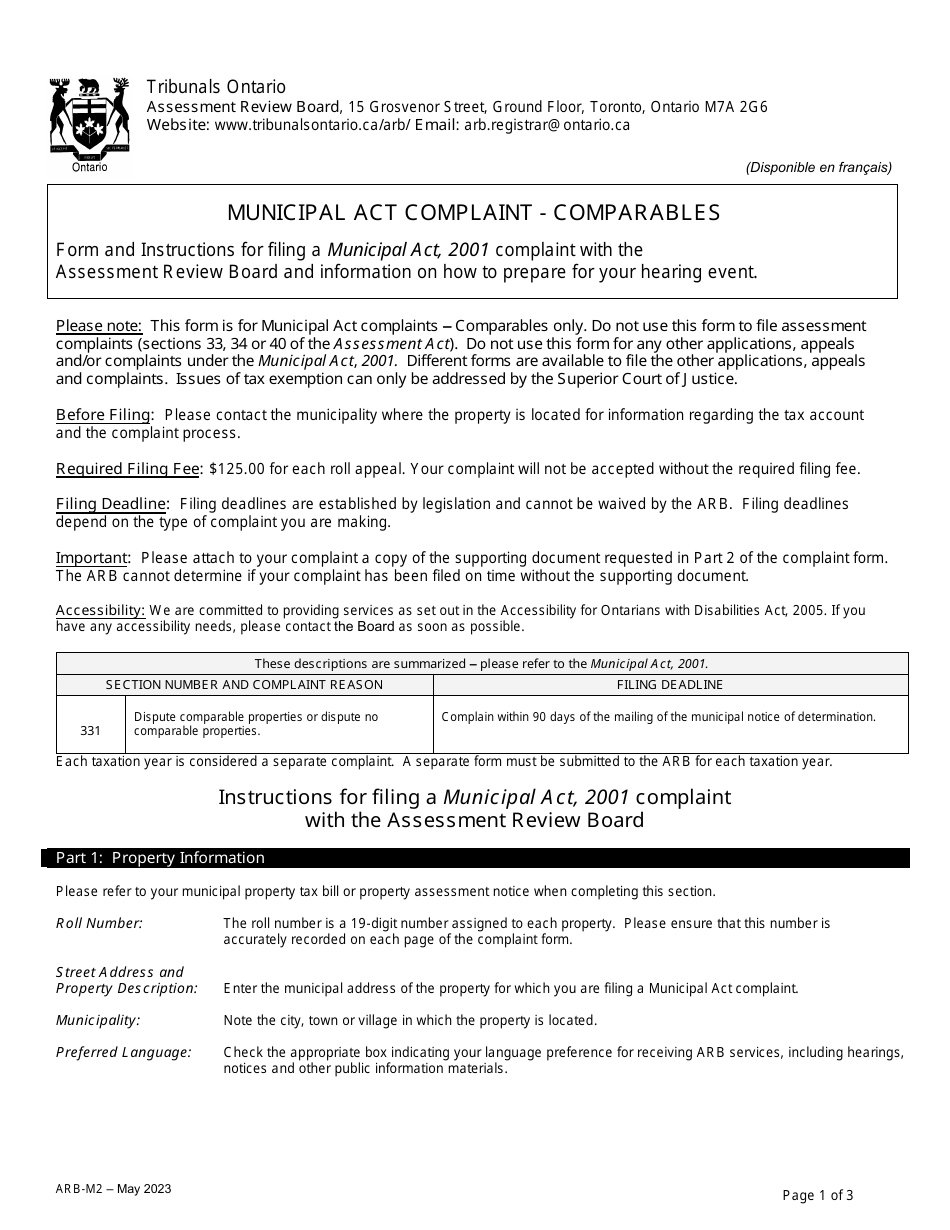 Form ARB-M2 Municipal Act Complaint - Comparables - Ontario, Canada, Page 1