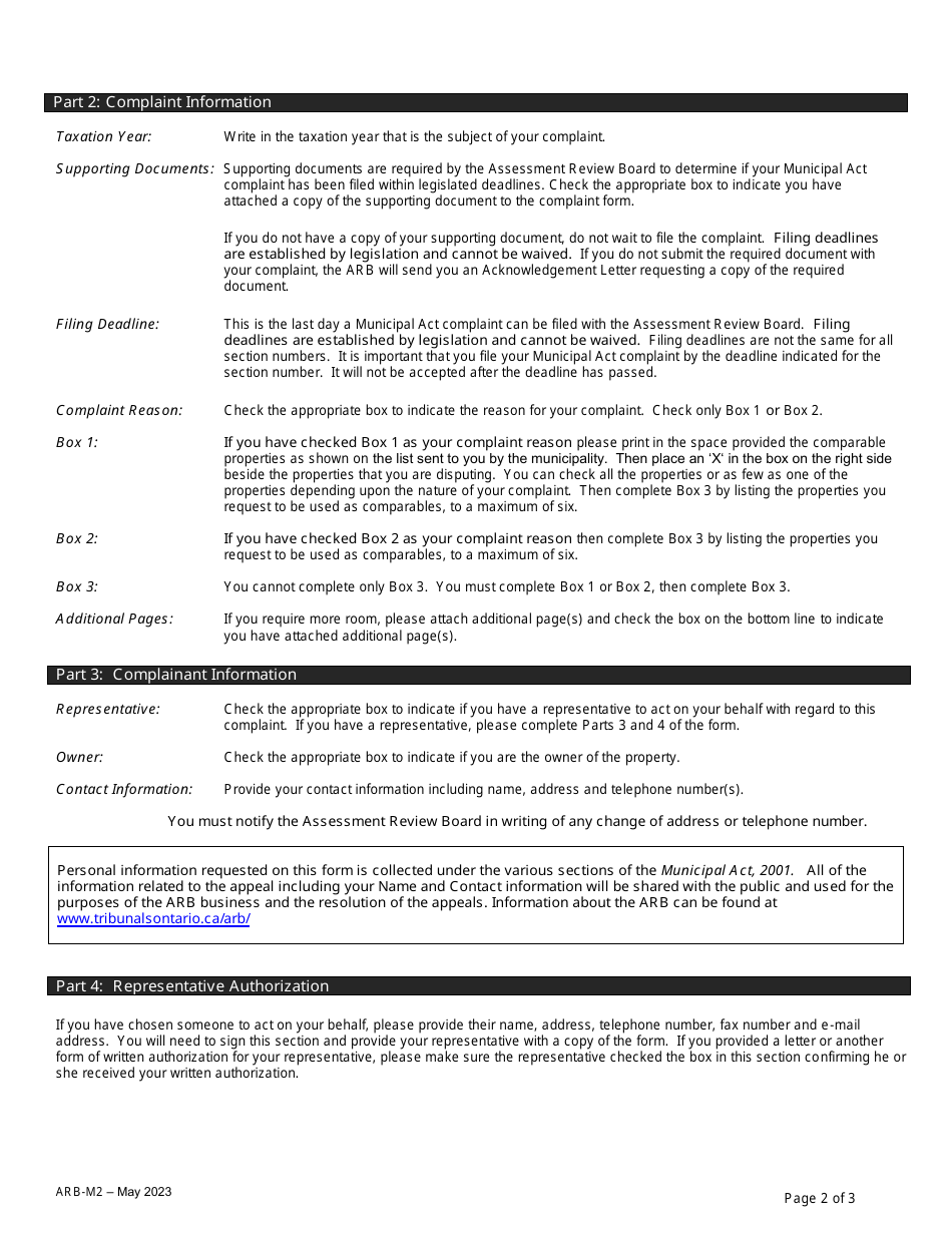 Form ARB-M2 Municipal Act Complaint - Comparables - Ontario, Canada, Page 2