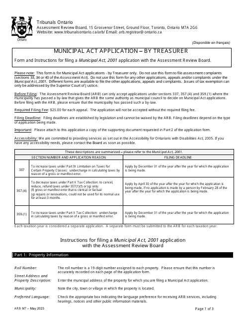 Form ARB-M7 Municipal Act Application - by Treasurer - Ontario, Canada