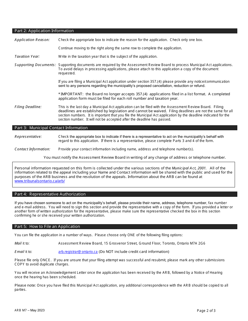 Form ARB-M7 Municipal Act Application - by Treasurer - Ontario, Canada, Page 2