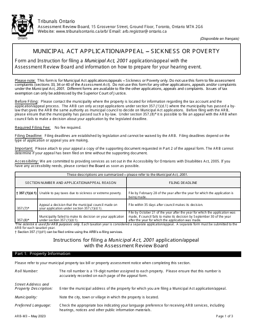 Form ARB-M3 Municipal Act Application/Appeal - Sickness or Poverty - Ontario, Canada