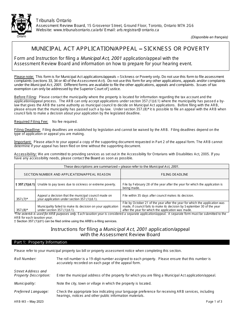 Form ARB-M3 Municipal Act Application / Appeal - Sickness or Poverty - Ontario, Canada, Page 1