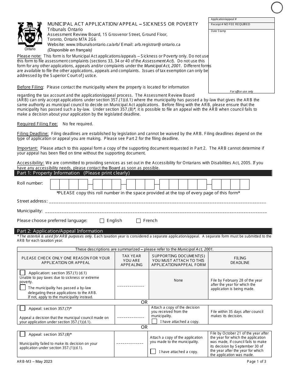 Form ARB-M3 Municipal Act Application / Appeal - Sickness or Poverty - Ontario, Canada, Page 4