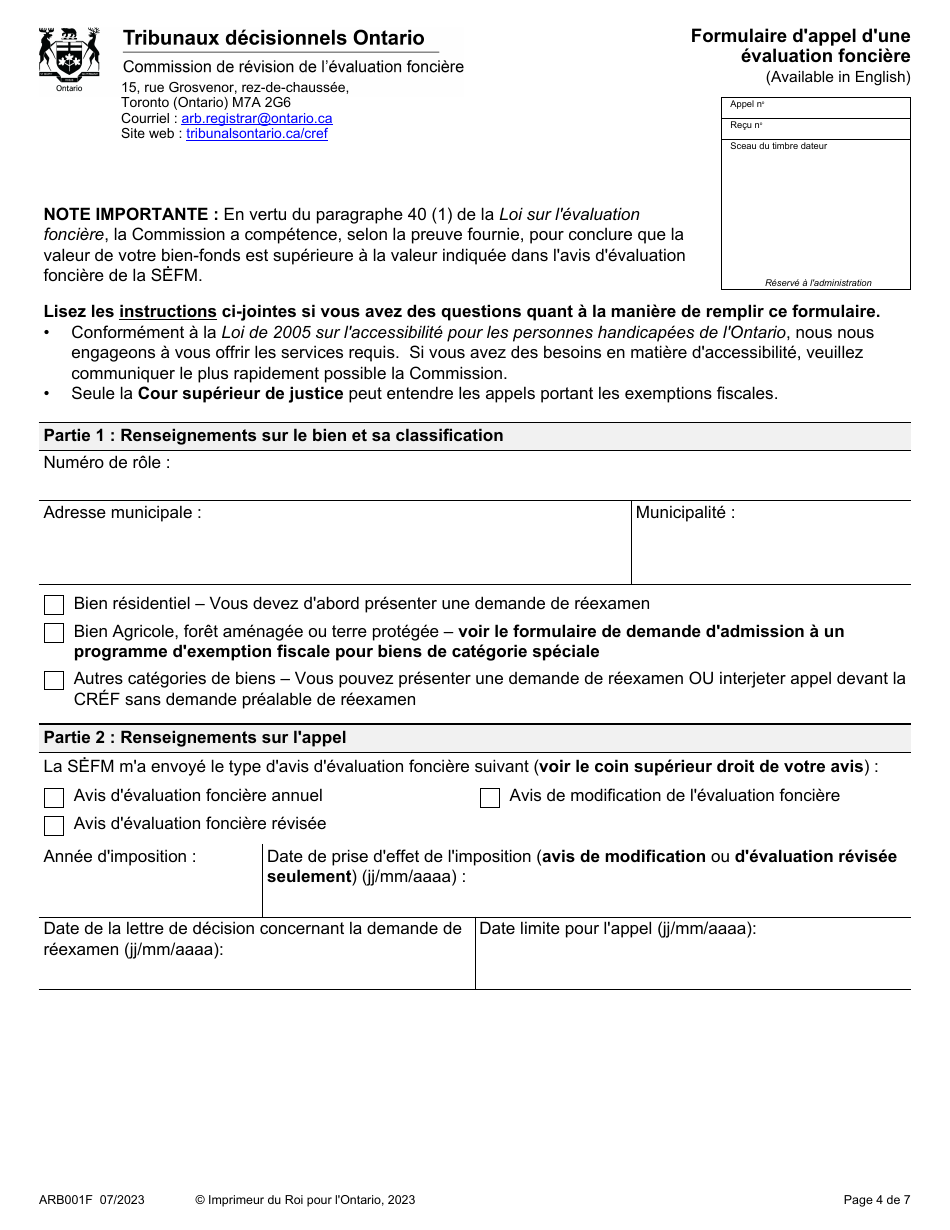Forme ARB001F Formulaire Dappel Dune Evaluation Fonciere - Ontario, Canada (French), Page 4