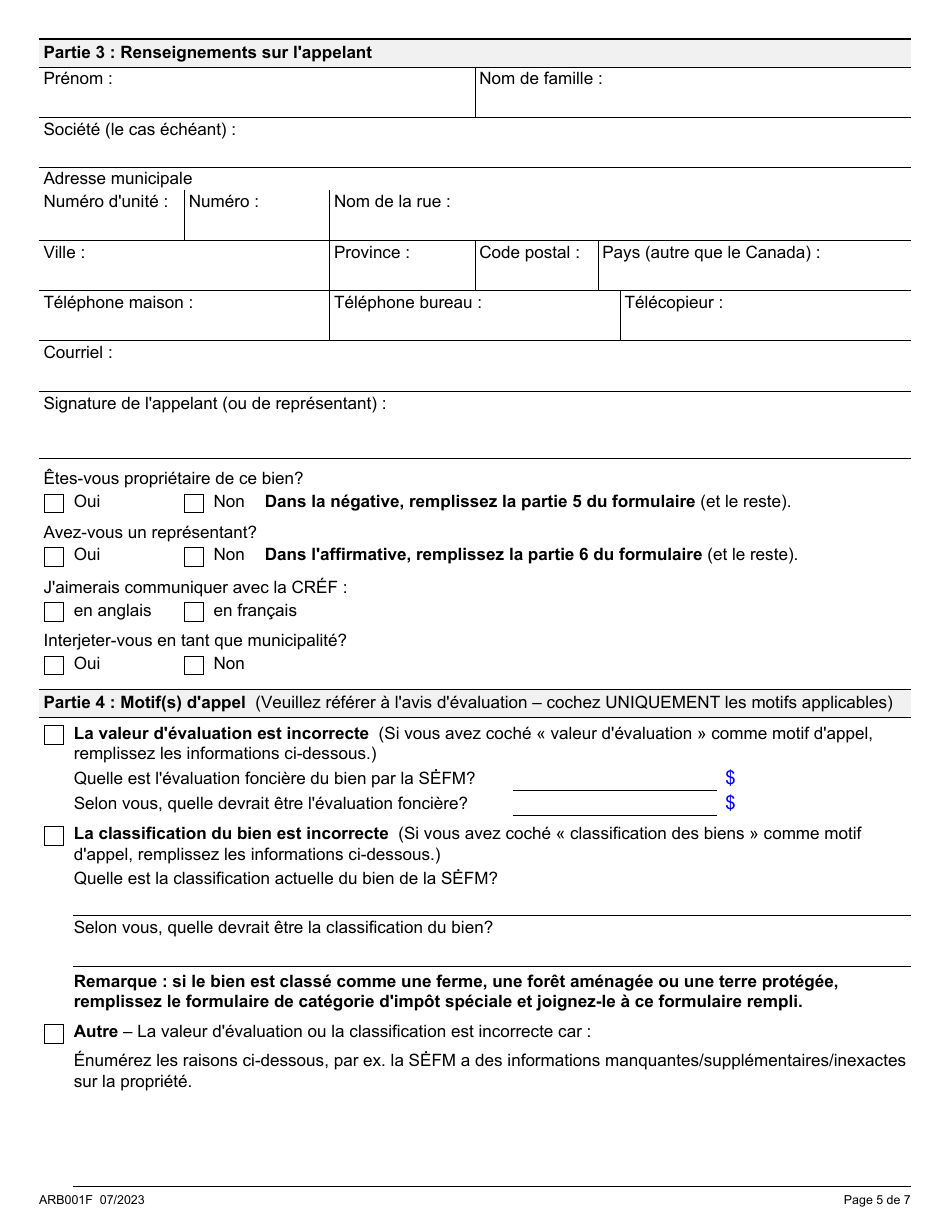 Forme ARB001F Formulaire Dappel Dune Evaluation Fonciere - Ontario, Canada (French), Page 5