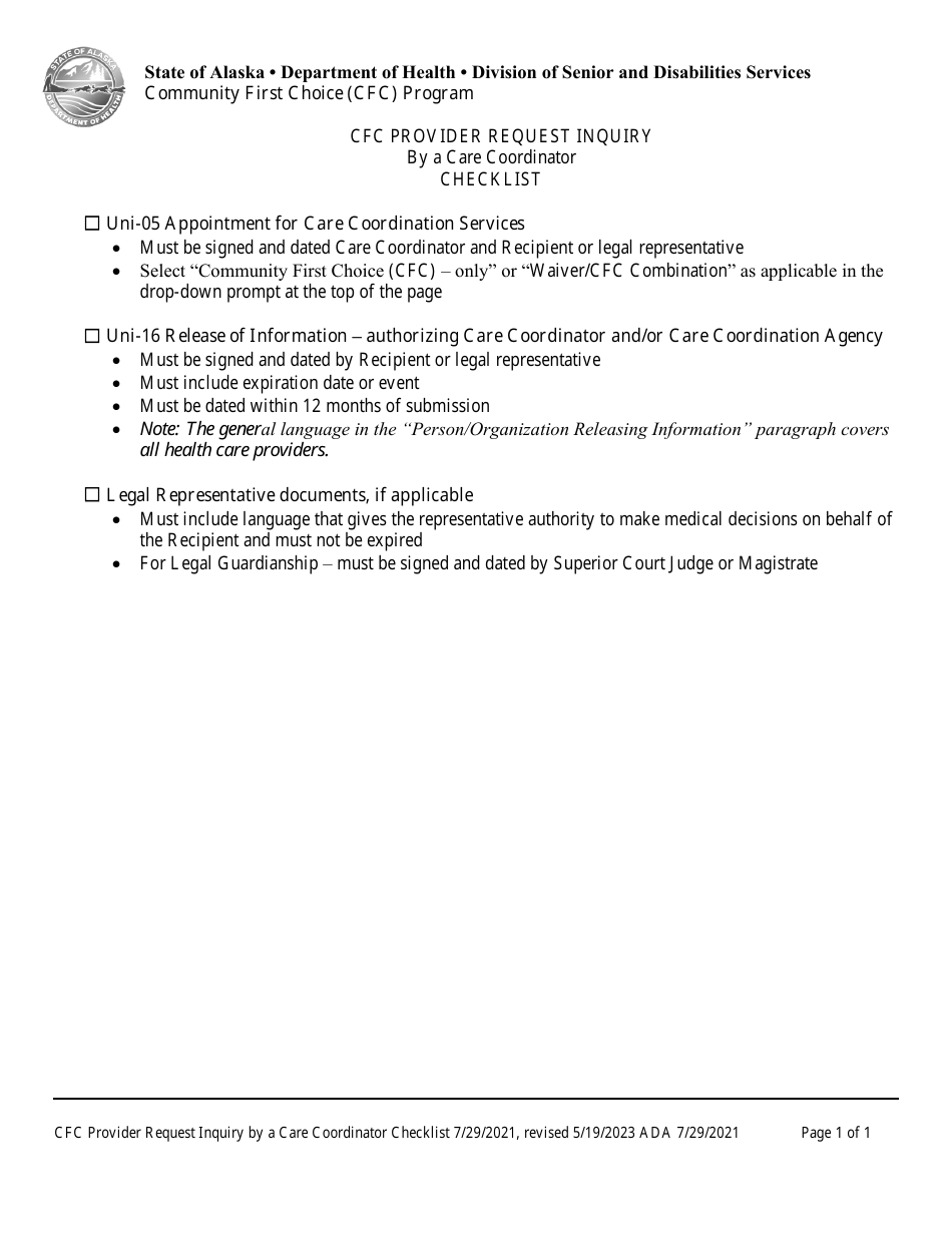 Cfc Provider Request Inquiry by a Care Coordinator Checklist - Alaska, Page 1