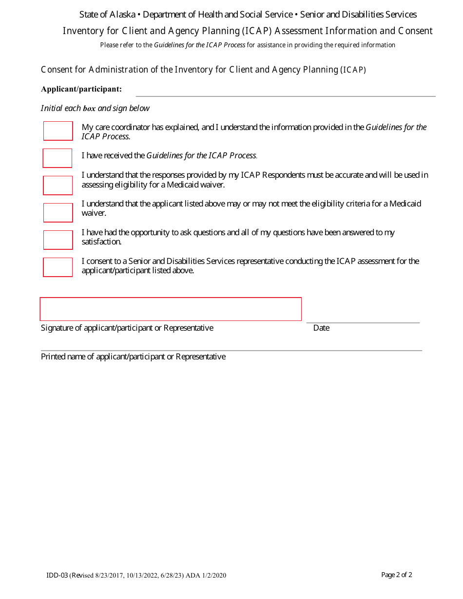 Form IDD-03 Inventory for Client and Agency Planning (Icap) Assessment Information and Consent - Alaska, Page 2