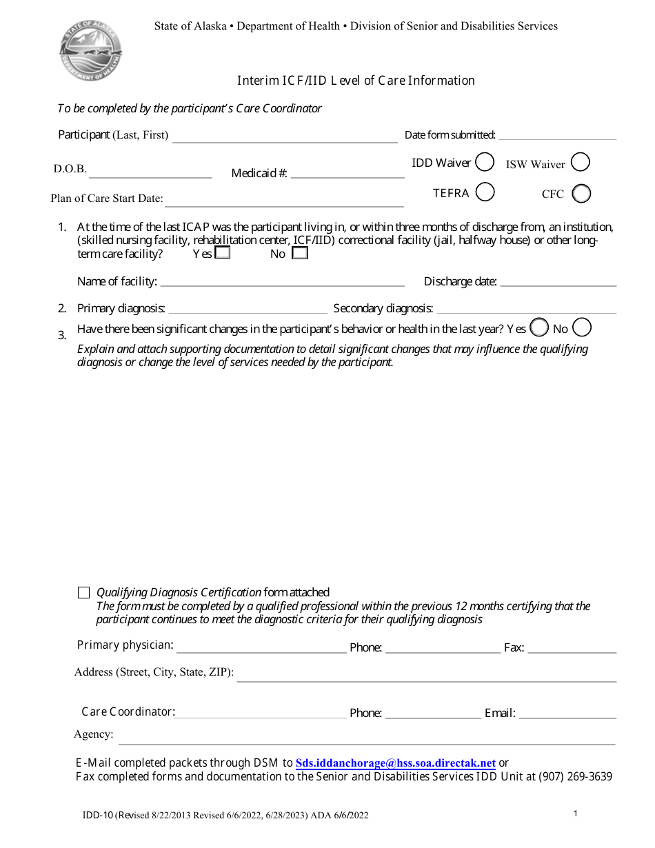 Form IDD10 Download Fillable PDF or Fill Online Interim Icf/Iid Level