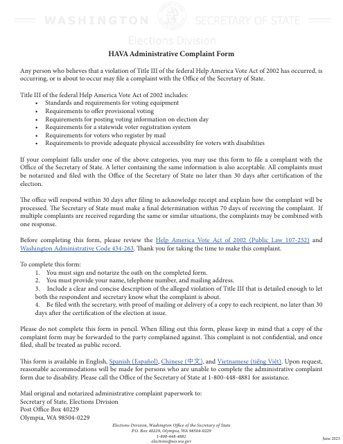 Hava Administrative Complaint Form - Washington Download Pdf