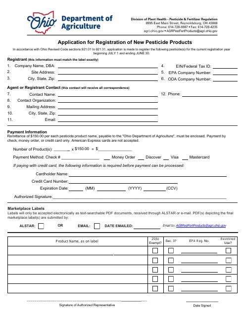 Application for Registration of New Pesticide Products - Ohio Download Pdf