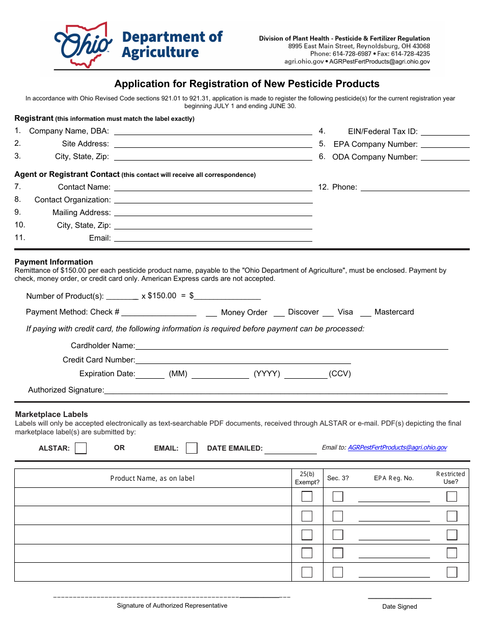 Application for Registration of New Pesticide Products - Ohio, Page 1