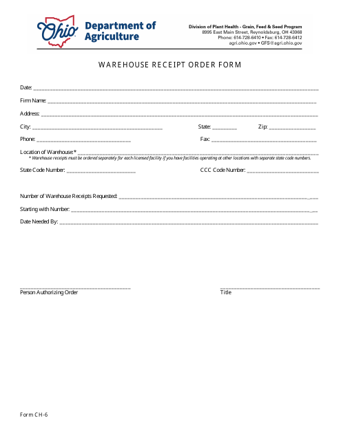 Form CH-6 Warehouse Receipt Order Form - Ohio