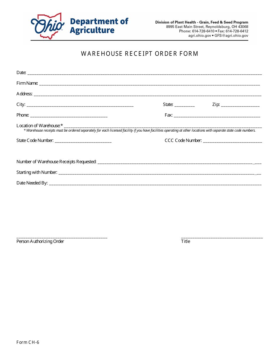 Form CH-6 Warehouse Receipt Order Form - Ohio, Page 1
