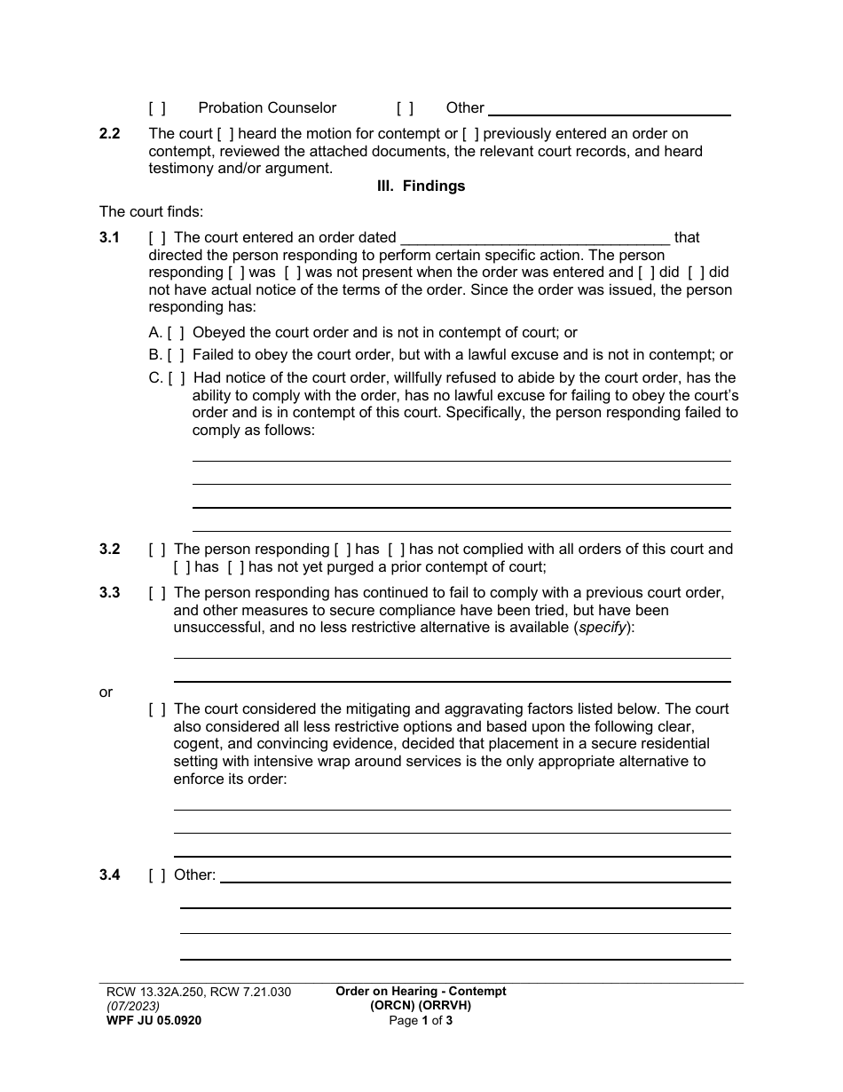Form WPF JU05.0920 Order on Hearing Re Contempt (Orcn) / Review Hearing (Chins / At-Risk-Youth) - Washington, Page 2
