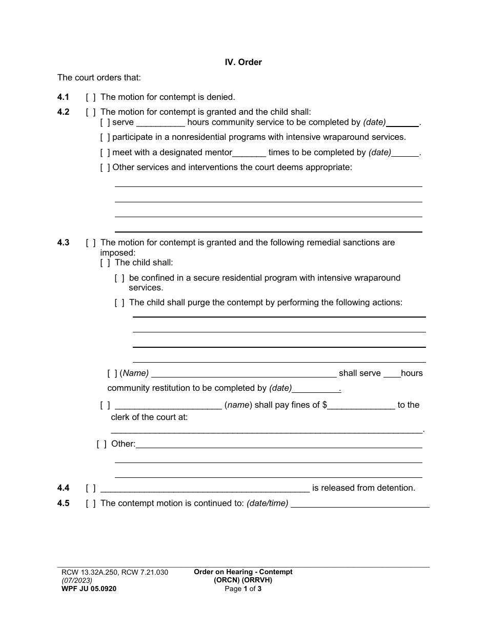 Form WPF JU05.0920 Order on Hearing Re Contempt (Orcn) / Review Hearing (Chins / At-Risk-Youth) - Washington, Page 3