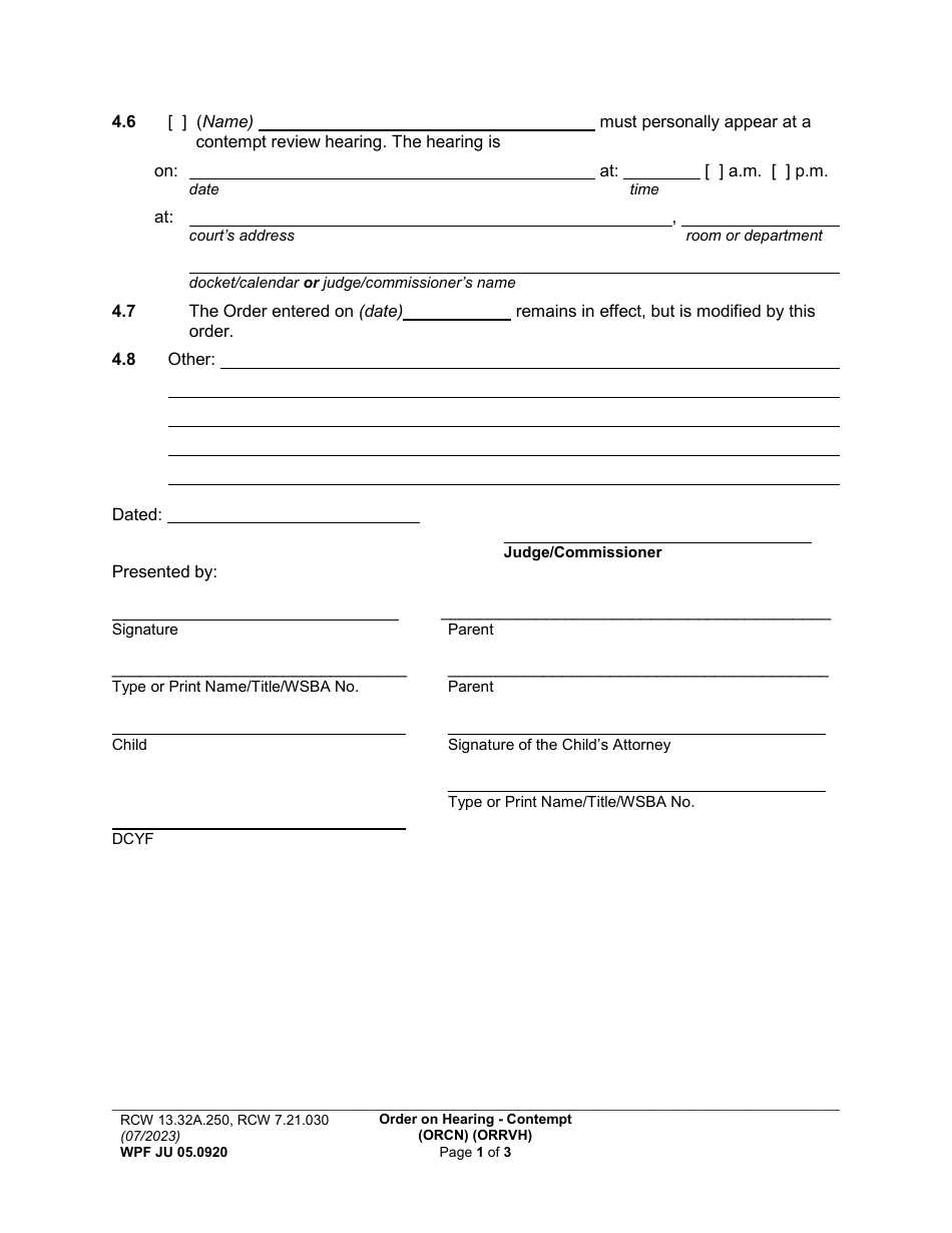 Form WPF JU05.0920 Order on Hearing Re Contempt (Orcn) / Review Hearing (Chins / At-Risk-Youth) - Washington, Page 4