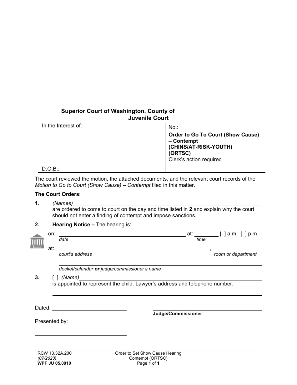Form WPF JU05.0910 Order to Go to Court (Show Cause) - Contempt (Chins / At-Risk-Youth) (Ortsc) - Washington, Page 1