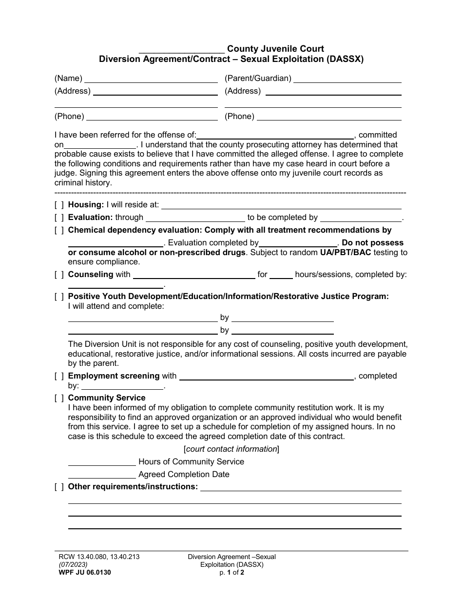 Form WPF JU06.0130 Diversion Agreement / Contract - Sexual Exploitation (Dassx) - Washington, Page 1