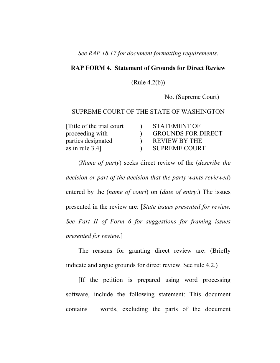 RAP Form 4 Statement of Grounds for Direct Review by the Supreme Court - Washington, Page 1