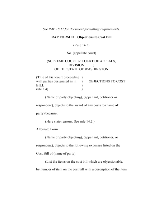 RAP Form 11 Objections to Cost - Washington