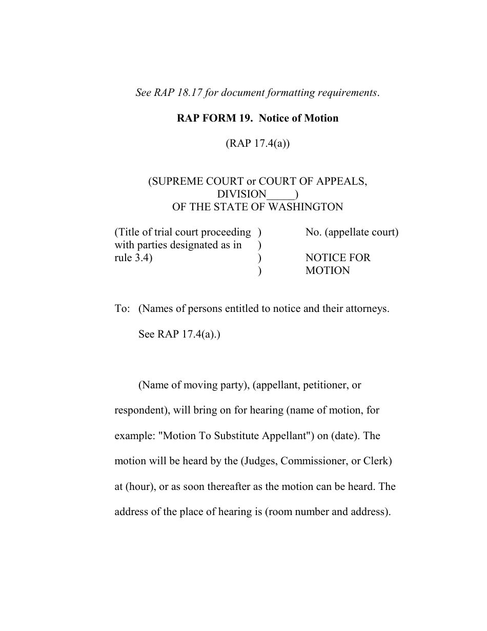 RAP Form 19 Notice for Motion - Washington, Page 1