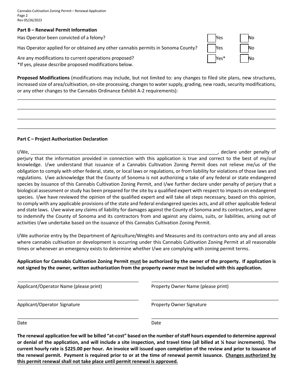 Cannabis Cultivation Zoning Permit Renewal Application - Sonoma County, California, Page 2