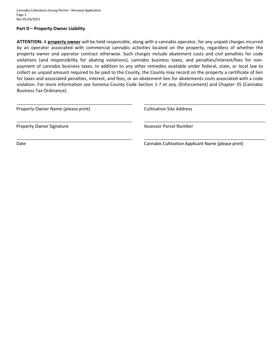 Cannabis Cultivation Zoning Permit Renewal Application - Sonoma County, California, Page 3