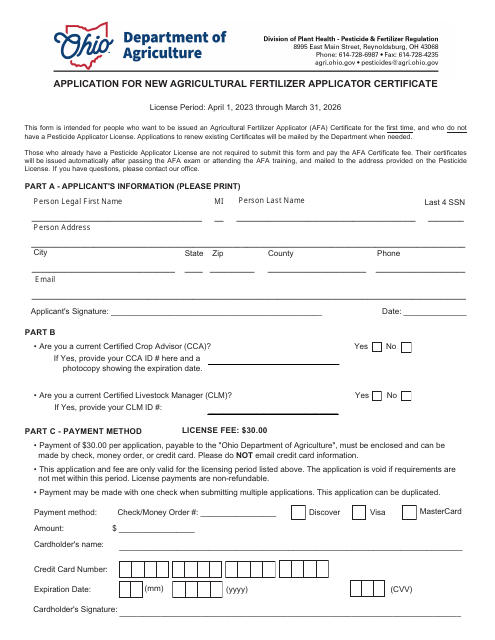 Application for New Agricultural Fertilizer Applicator Certificate - Ohio