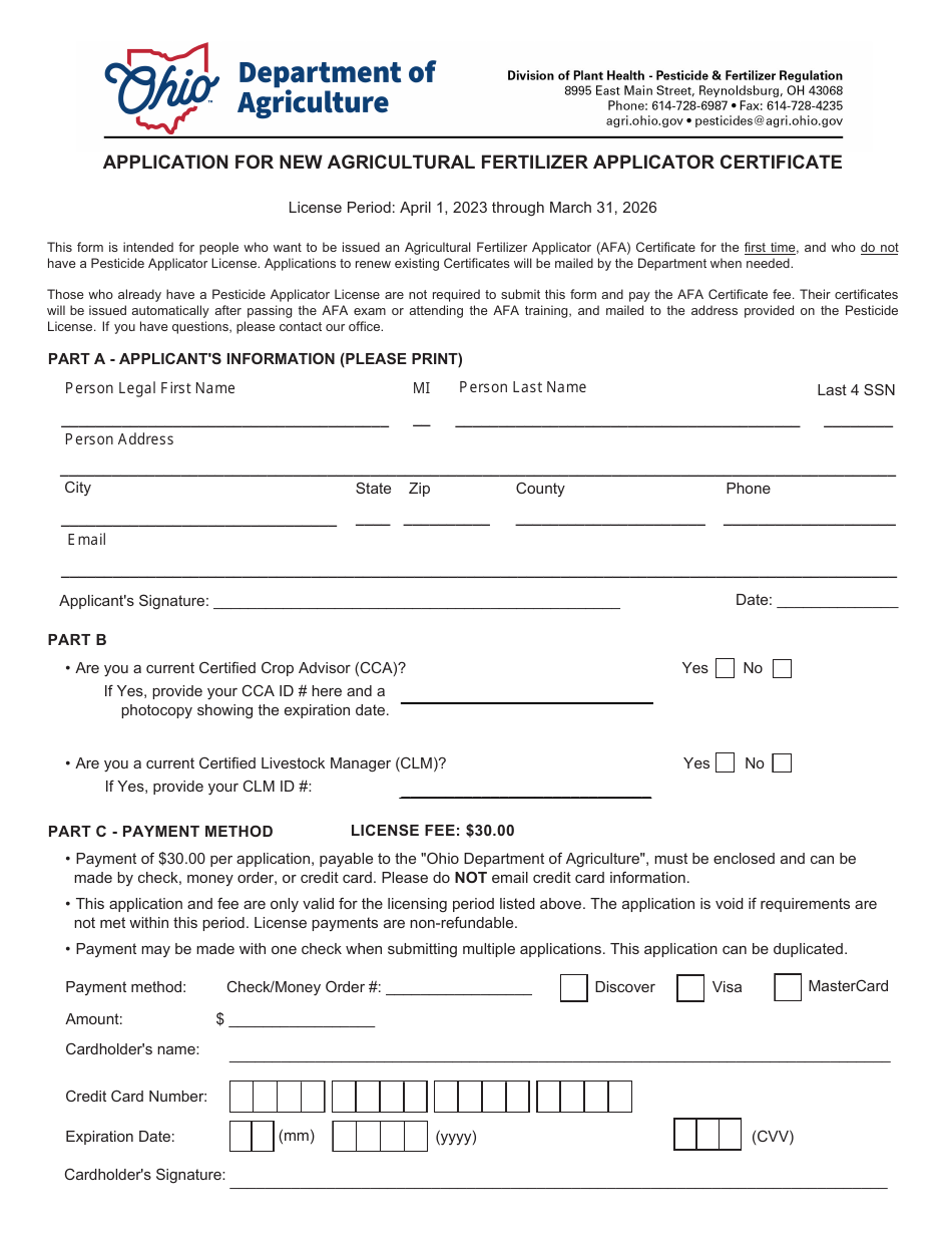 Application for New Agricultural Fertilizer Applicator Certificate - Ohio, Page 1