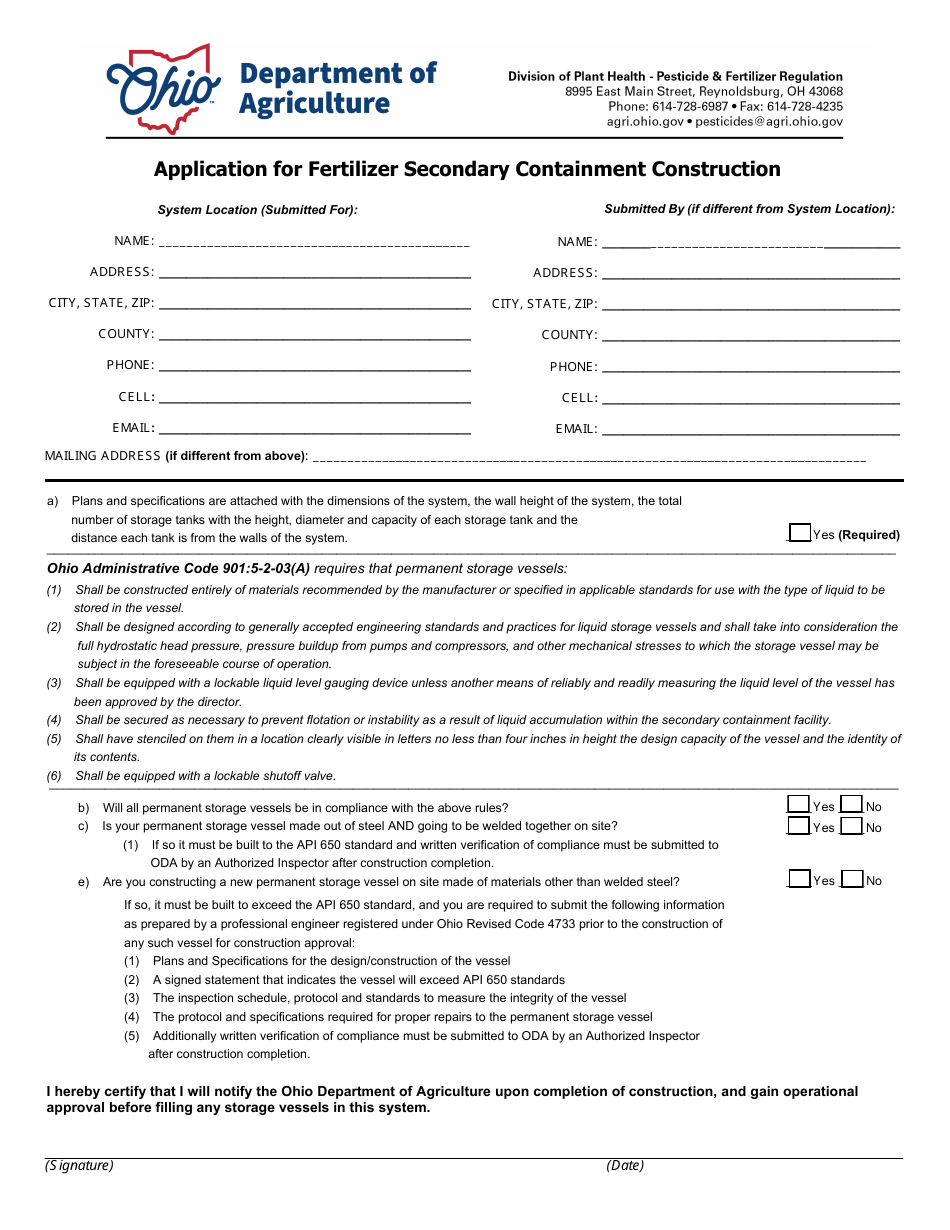 Ohio Application for Fertilizer Secondary Containment Construction