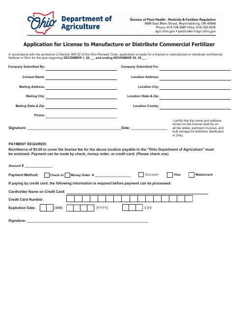 Application for License to Manufacture or Distribute Commercial Fertilizer - Ohio Download Pdf
