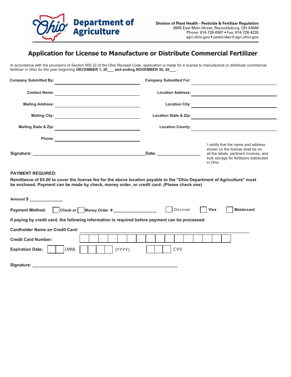 Application for License to Manufacture or Distribute Commercial Fertilizer - Ohio, Page 1