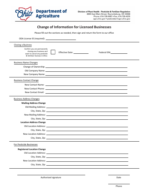 Change of Information for Licensed Businesses - Ohio Download Pdf