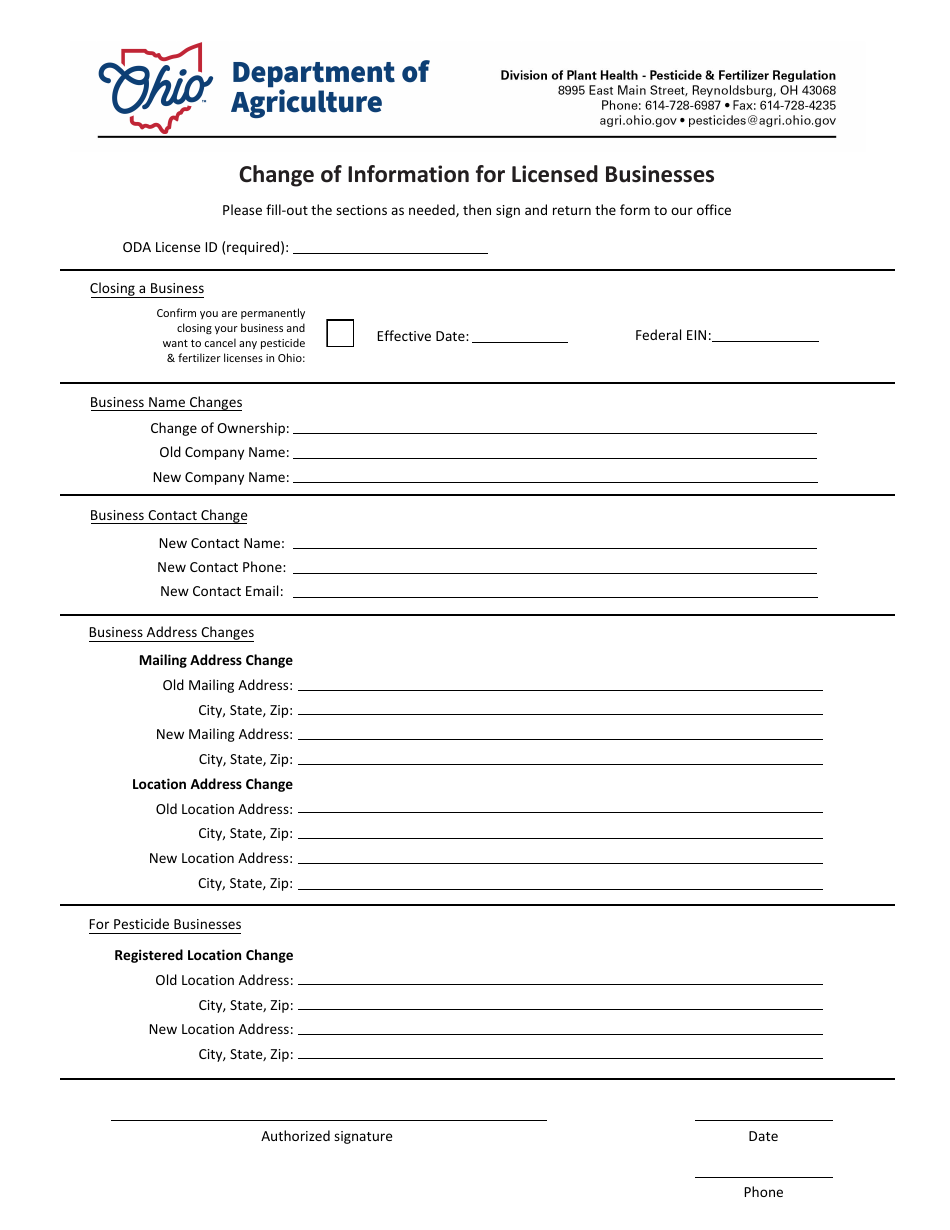Change of Information for Licensed Businesses - Ohio, Page 1