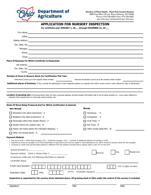 Application for Nursery Inspection - Ohio Download Pdf