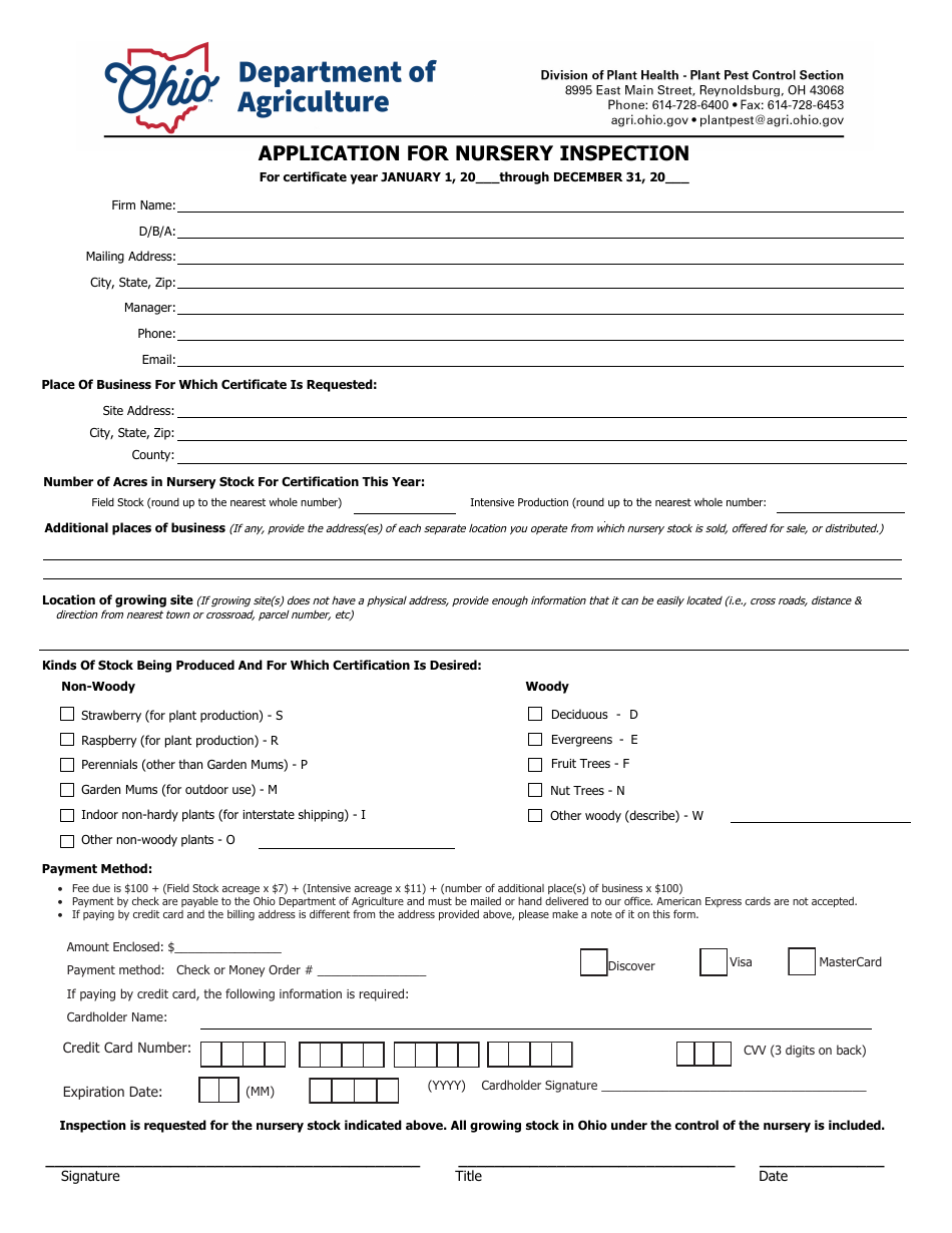 Application for Nursery Inspection - Ohio, Page 1