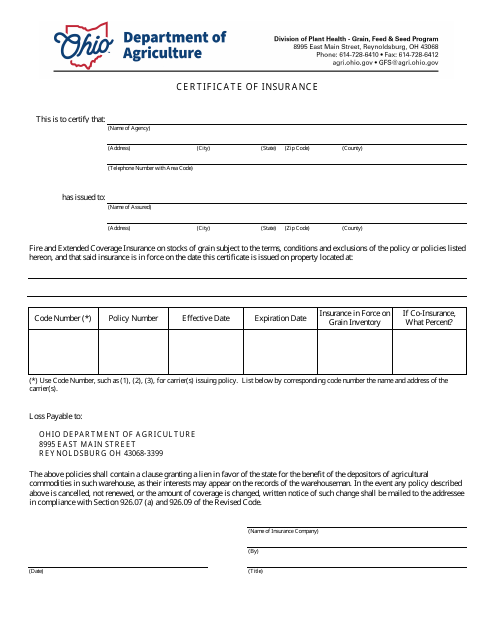 Certificate of Insurance - Ohio Download Pdf