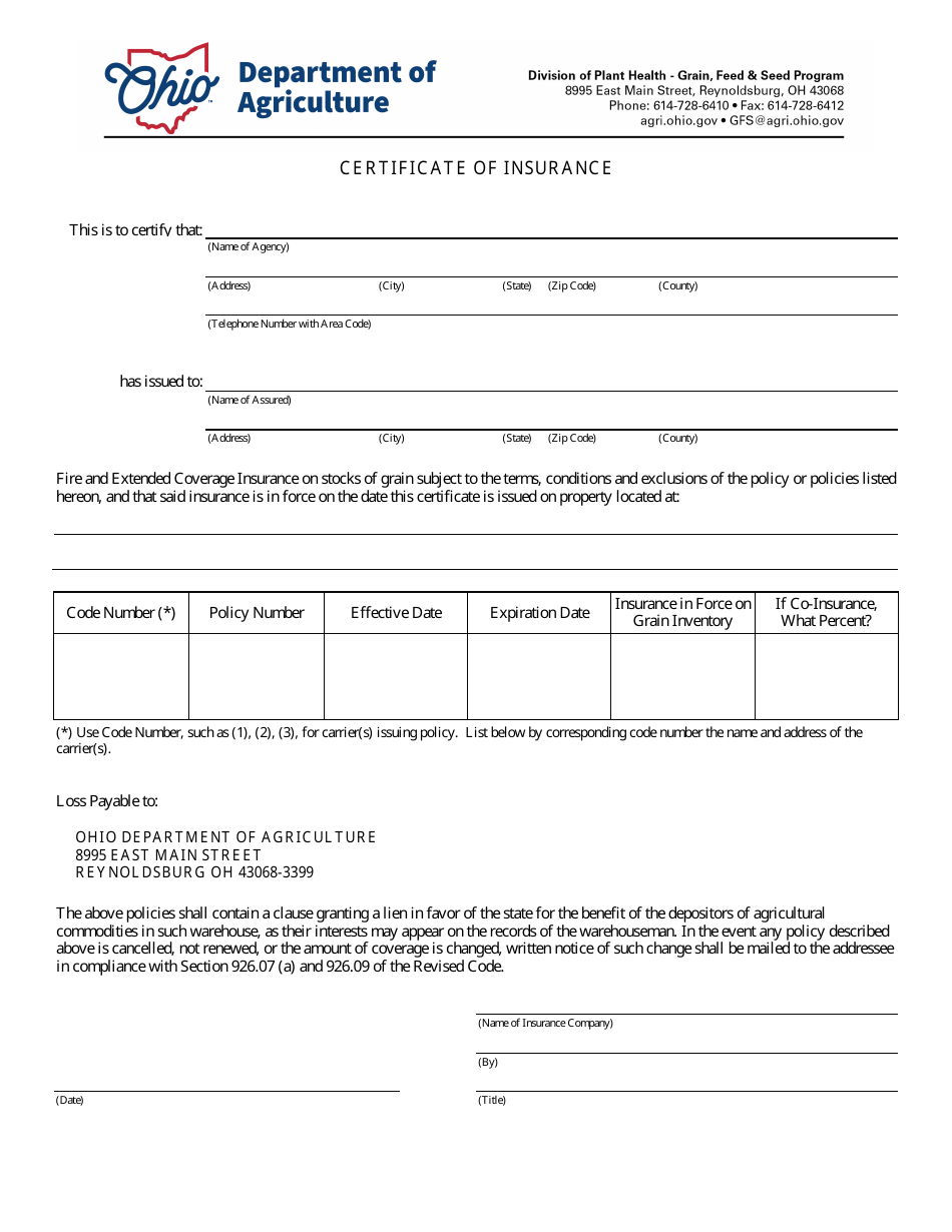 Certificate of Insurance - Ohio, Page 1